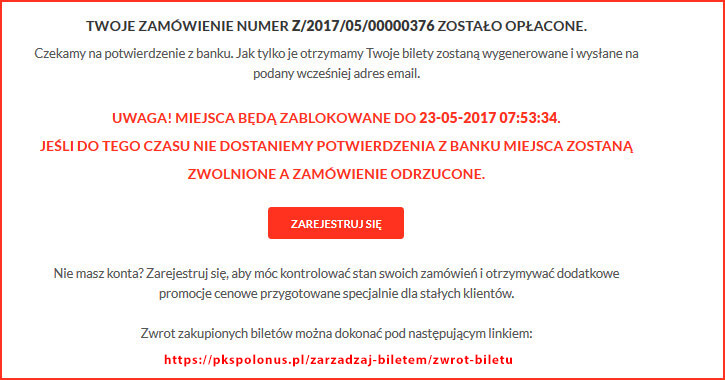 status zamówienia oraz płatności za bilety